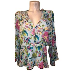 NY&C New York Company Blue Floral Print V Neck 3/4 Slv Peplum Blouse Top Medium